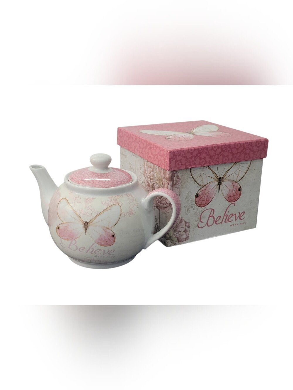 Christian Art Gifts Botanic Butterfly Blessing Believe Ceramic Teapot NEW In Box